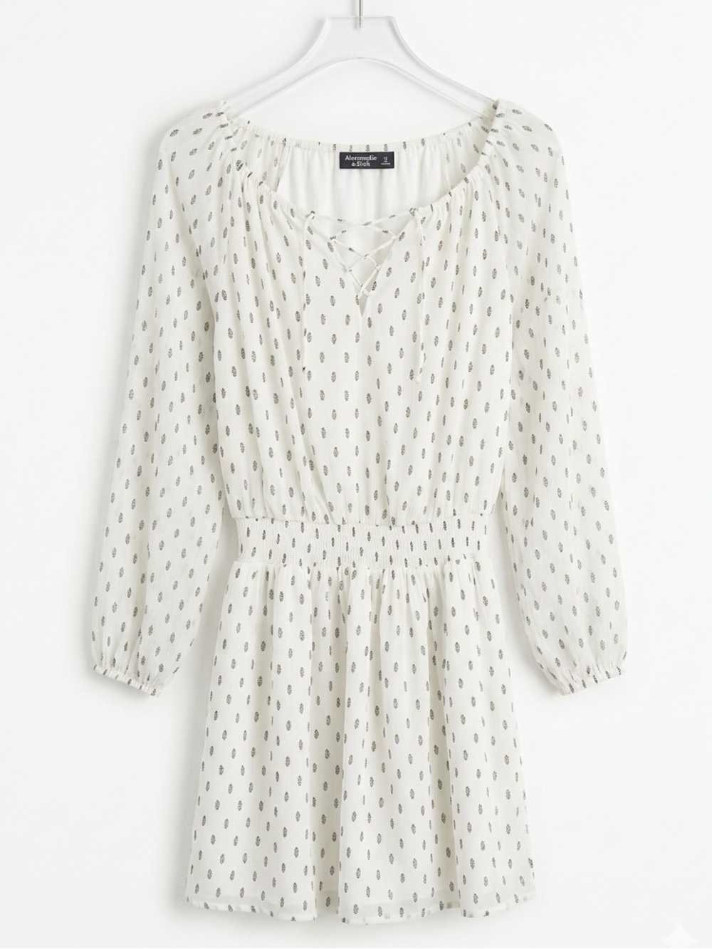 Abercrombie & Fitch Ivory Long-Sleeve Peasant Dress with Black Boho Pattern